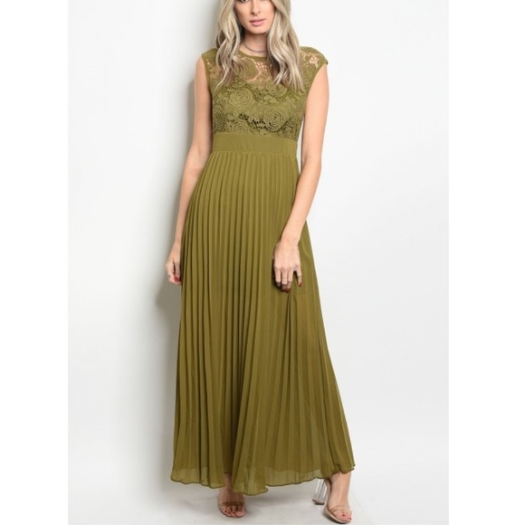 Tayzani Dresses & Skirts - Olive Pleated Lace Crochet Long Maxi Dress NEW